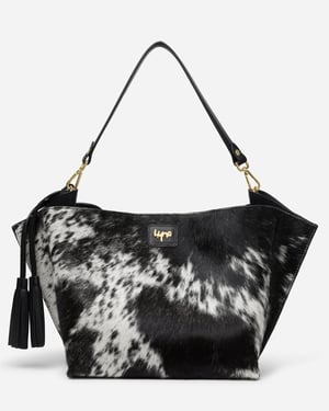 Reckless Opal Tassel Handbag - Natural Black and White Cowhide - Black