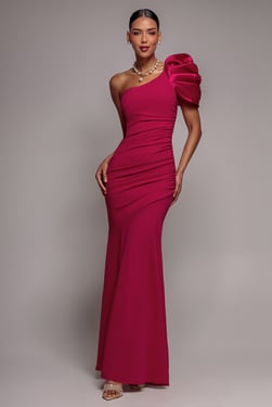 Goddiva One Shoulder Puffed Satin Sleeve Evening Maxi Dress - Magenta