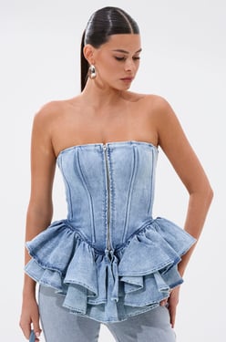 AKIRA Eva Denim Peplum Corset Top | Light Blue | Size Large