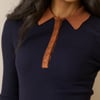 Navy Ribbed Collared Polo Top