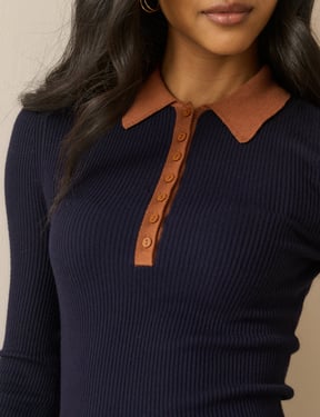Navy Ribbed Collared Polo Top