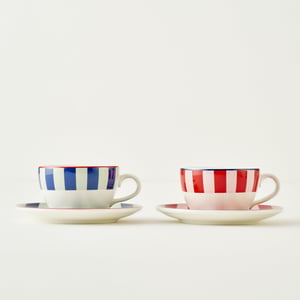 Line Porcelain Tea Cup Set (2 Pieces) - Red-Blue
