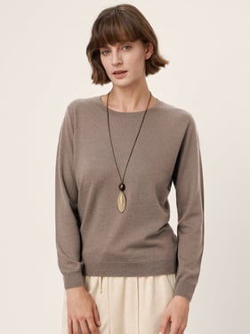 100% Extra-Fine Merino Wool Essential Crew Neck Knit Sweater BRIDGET - Muted Khaki / XXL