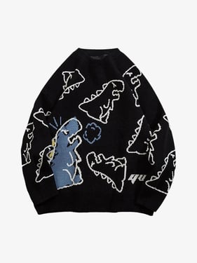 Thesupermade Cartoon Dinosaur Printed Sweater - 1004 - Black / 2XL