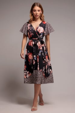 Goddiva Flutter Sleeve Printed Midi Dress - Leopard Print