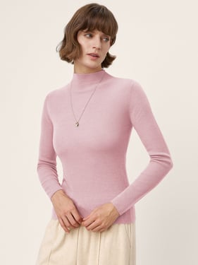 100% Extra-Fine Merino Wool Mock Neck Knit Sweater TIA - Rosa / L