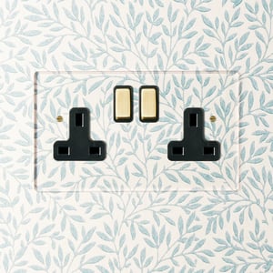 Lucian perspex double socket in clear perspex with black inserts and aged brass switch