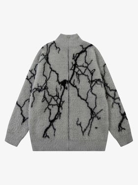 Thesupermade Lightning Graphic Imitation Mink Fur Zip Up Sweater - Grey / XL