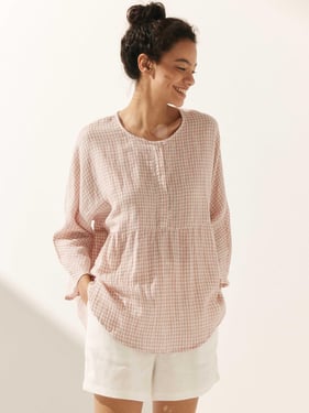 Linen Checked Long-Sleeved Top CAROLINE - Shell Pink / XXL