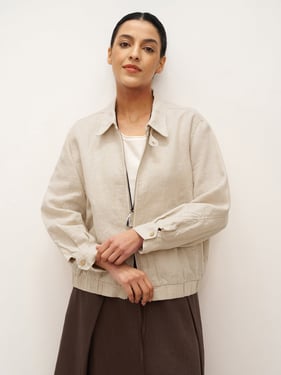 100% Linen Zipper Aviator Jacket ELIZA - Natural Linen / M