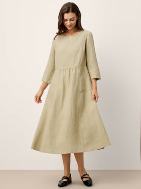 100% Linen Shirred Waistline Patch Pocket Maxi Dress MARTHA - Sage Khaki / XXL