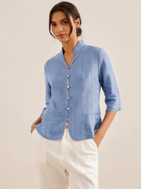 100% Linen Hand Button Fitted Jacket AMELIA - Powder Blue / XXL