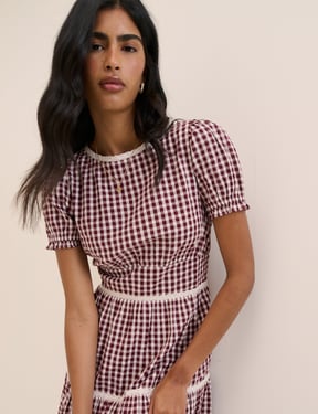 Burgundy Gingham Lace Trim Dara Midi Dress