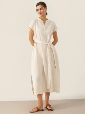 100% Linen Mandarin Collar Maxi Dress with Detachable Belt MARGARET - Natural Linen / M