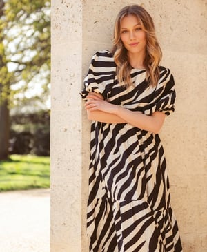 Cream Animal Viscose Puff Sleeve Midi Dress - 20