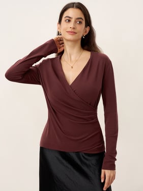 Wool Lyocell Asymmetric Ruched Overlap V-Neck Top TILLY - Maroon / XXL