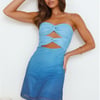 Long Text Strapless Mesh Mini Dress Blue