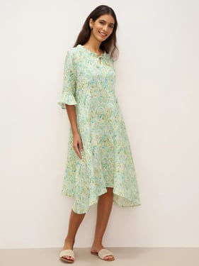100% Linen A-Line Ruffled Collar Tie-Neck Midi Dress LIVIA - Mist Garden / XXL