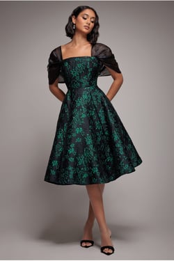 Goddiva Lace Up Jacquard Midi Dress With Organza Wings - Emerald Black