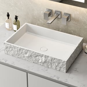 Square White Concrete Vessel Sink—24'' Modern Rectangular Countertop Basin for Bathroom Vanity