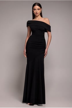 Goddiva Pleated One Shoulder Bardot Fit And Flare Maxi Dress - Black