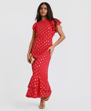 Red Flutter Sleeve Foil Midaxi Dress - 22