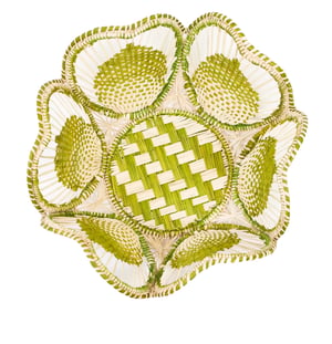 10" Floral Handwoven Iraca Bread Basket - Accented Borders / Light Green