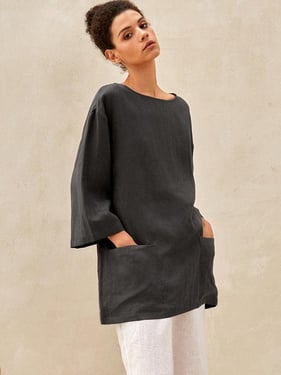 100% Linen Loose Long Shirt LILY - Coal Grey / XXL