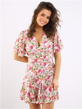 Ax Paris Floral Print Wrap Top Short Sleeve Skater Mini Dre - Pink - 8