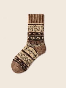 Wool Blend Retro Jacquard Thick Over-the-Calf Socks - Coffee / One Size