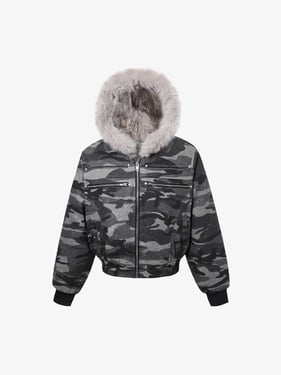 Vintage Camo Faux Fur Hood Padded Bomber Jacket - Light Grey / XL