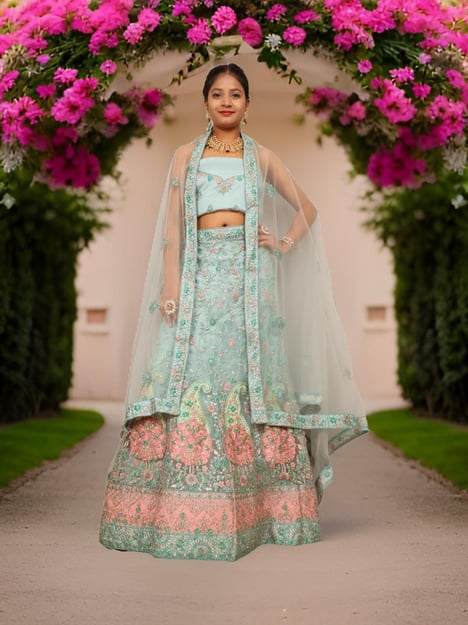 Semi-Stitched Lehenga with Soft Net Fabric & Zari Thread Work by Shreekama