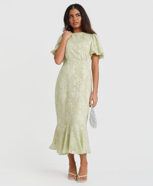 Green Jacquard Puff Sleeve Midi Dress - 20