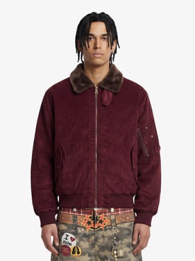 Retro Suede Faux Fur Collar Fleece Lined Bomber Jacket - Wine Red / XL