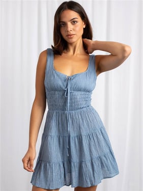 Daisy Street Check Mini Dress With Tiered Skirt - Blue - XS