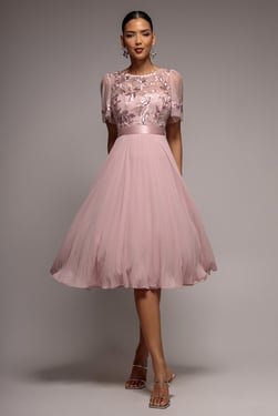 Goddiva Embroidered Top Chiffon Pleated Midi - Blush Pink