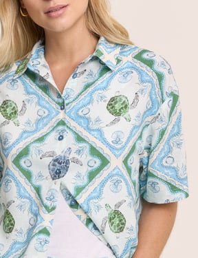 Blue Ocean Print Linen-Blend Shirt