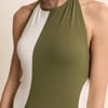 Khaki Abstract Striped Halterneck Maxi Dress