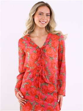 Influence Floral Mesh Long Sleeve Tie Co-Ord Top - Pink - 8