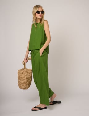 Green Linen-Blend Sleeveless Swing Top