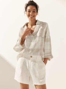 Linen Plaid Oversized Fit Pocket Shirt - Tan Beige / XXXL