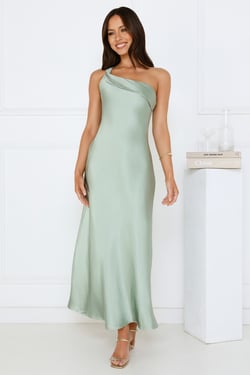 Romantic Tales Satin One Shoulder Maxi Dress Sage