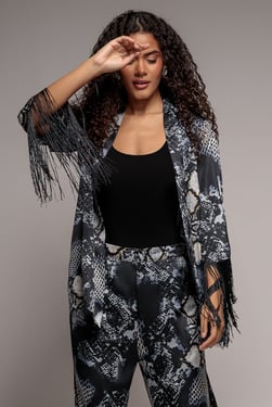 Goddiva Foil Print Kimono With Tassels - Black