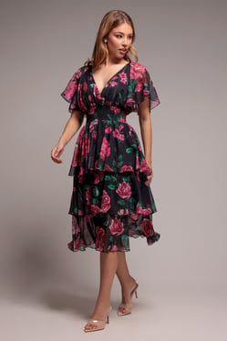 Goddiva Layered Floral Midi Flutter Sleeves - Blackfloral