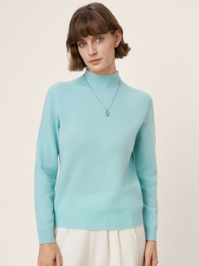 Premium Cashmere Blend Hand-Finished Seamless Mock Neck Ribbed Sweater RHEA - Soft Teal / XXL