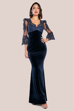 Goddiva Scalloped Lace & Velvet Maxi Dress - Navy
