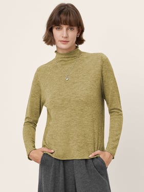 100% Extra-Fine Merino Wool Mock Neck Sweater with Rolled Edge ELA - Avocado / L