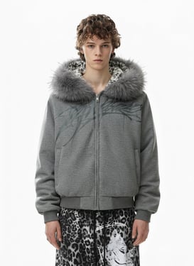 Vintage Faux Fur Hoodedd Leopard Lined Graphic Bomber Jacket - Dark Gray / XL