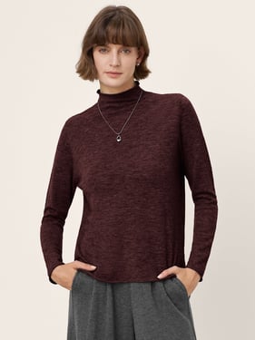 100% Extra-Fine Merino Wool Mock Neck Sweater with Rolled Edge ELA - Raspberry Red / L