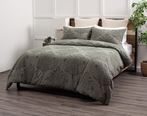 QE Home Raintree Stonewashed Duvet Cover, Cotton Set, Botanical, Green, Queen